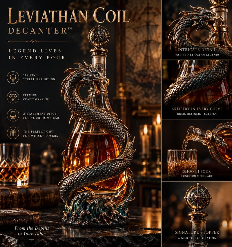 Leviathan Coil Dragon Decanter™ — Whiskey Decanter with Compass Stopper & Sculpted Dragon Design（No liquid included）