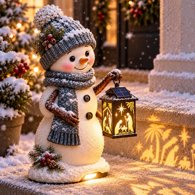 ⛄ Snowman Nativity Glow™ – Solar Christmas Step Light with Holy Family Projection
