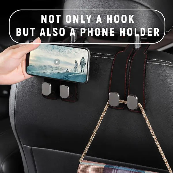 Double headrest hooks used for hanging a bag and placing a phone