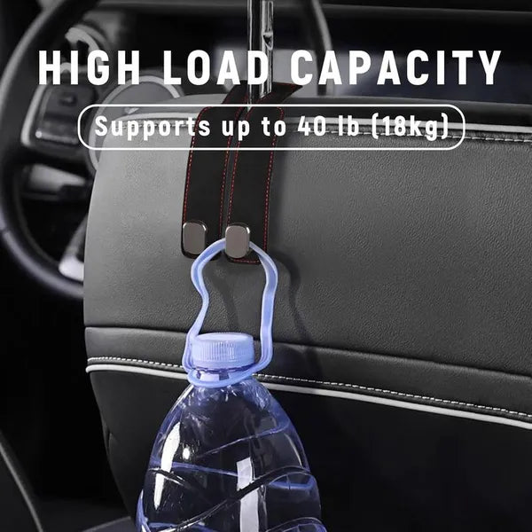 Double car seat hooks holding a water bottle