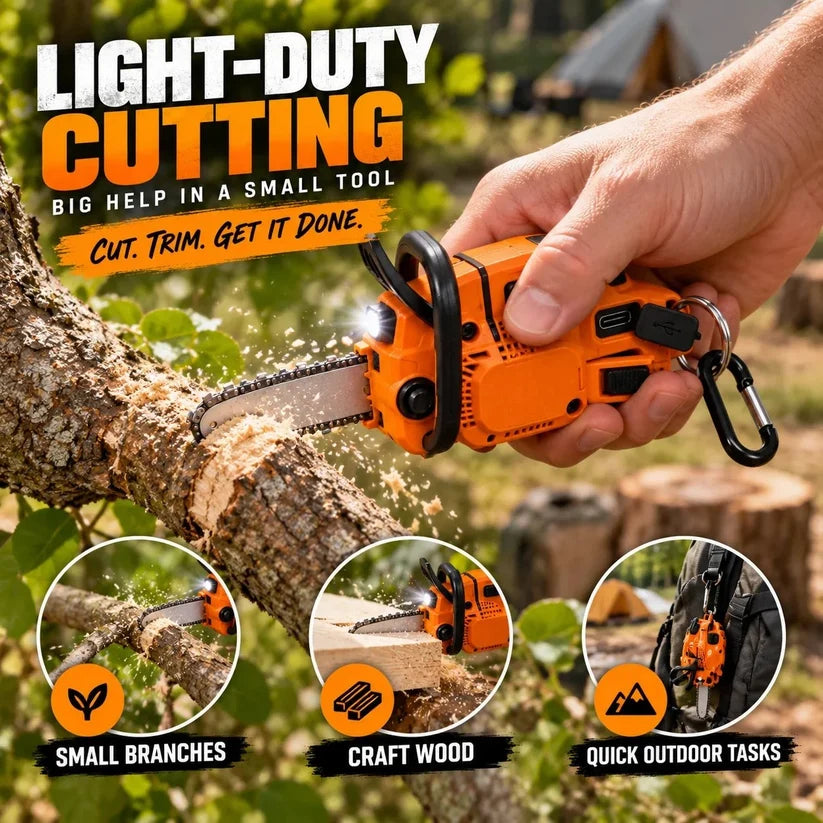 🪚 Mini Chainsaw Keychain Multi-Tool – Rechargeable LED Flashlight & Retractable Utility Cutter
