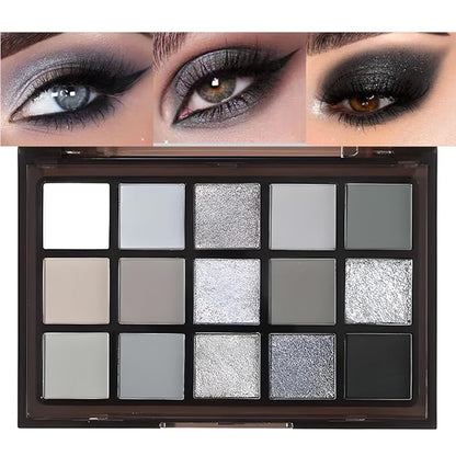 Black Smoky Eye shadow Palette, 15 Colors Black Dark Grey Smokey Goth Eyeshadow Pallet, Matte High Pigmented Basic White Gray Eyeshadow For Woman
