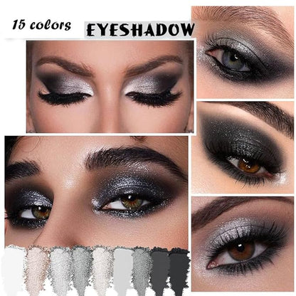 Black Smoky Eye shadow Palette, 15 Colors Black Dark Grey Smokey Goth Eyeshadow Pallet, Matte High Pigmented Basic White Gray Eyeshadow For Woman