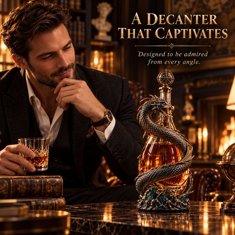 Leviathan Coil Dragon Decanter™ — Whiskey Decanter with Compass Stopper & Sculpted Dragon Design（No liquid included）