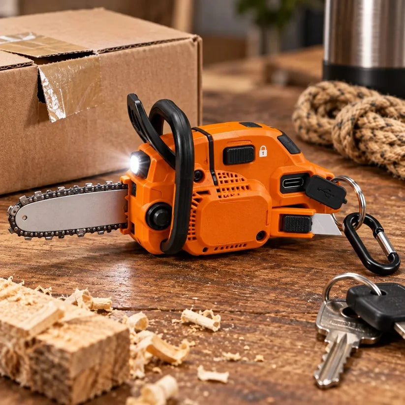 🪚 Mini Chainsaw Keychain Multi-Tool – Rechargeable LED Flashlight & Retractable Utility Cutter