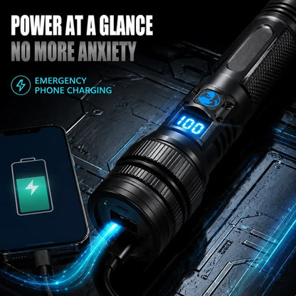 🔦 High-Power Rechargeable Zoom Flashlight – 2000LM, Power Bank & Digital Battery Display