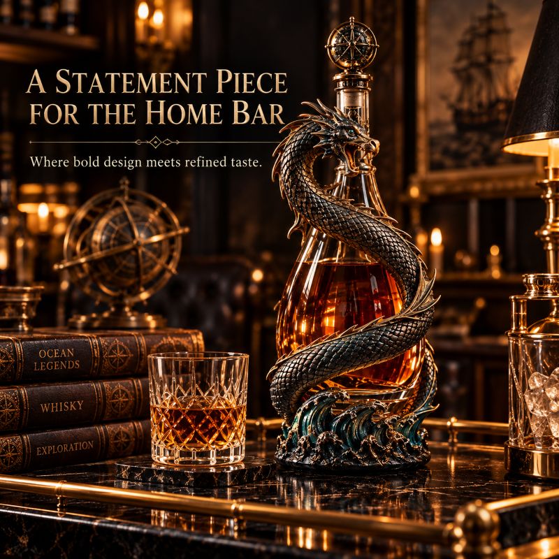 Leviathan Coil Dragon Decanter™ — Whiskey Decanter with Compass Stopper & Sculpted Dragon Design（No liquid included）