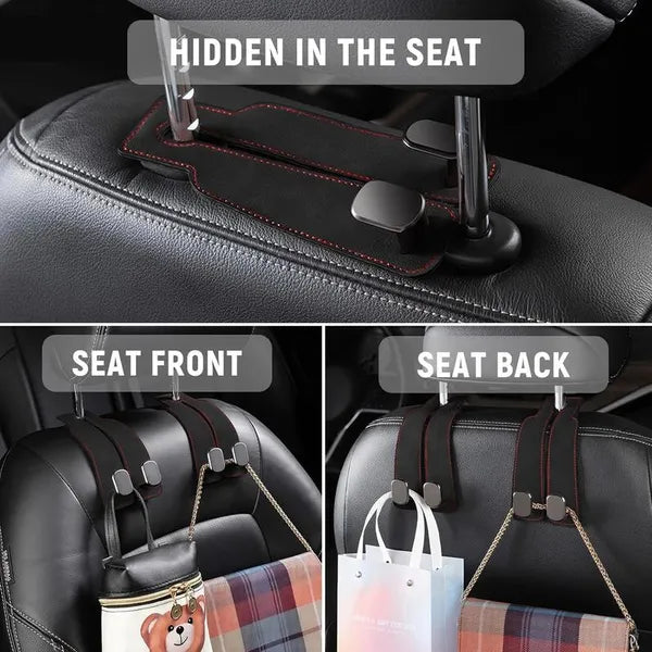 Double hook car organizer mounted at the seat headrest
