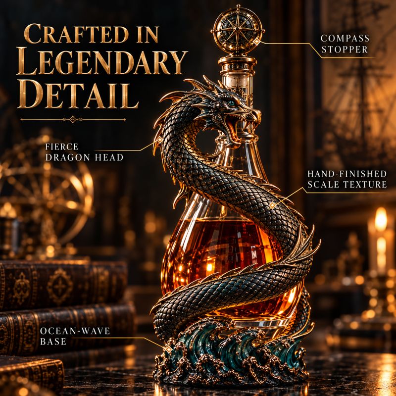 Leviathan Coil Dragon Decanter™ — Whiskey Decanter with Compass Stopper & Sculpted Dragon Design（No liquid included）